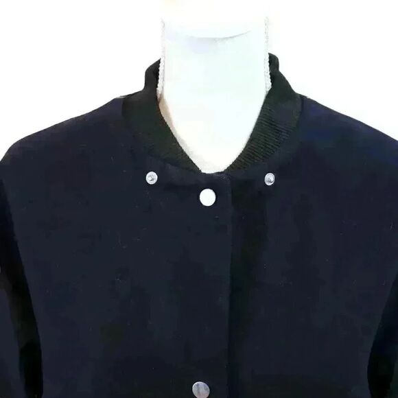 TOPSHOP Black Wool Bomber Style Long Stadium Coat Snap Front Size UK 12 US 8 - Picture 2 of 9